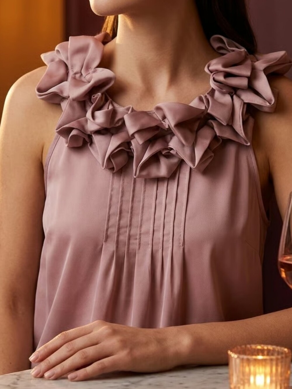 Violet & Claire Dusty Rose Ruffle Neck Sleeveless Camisole